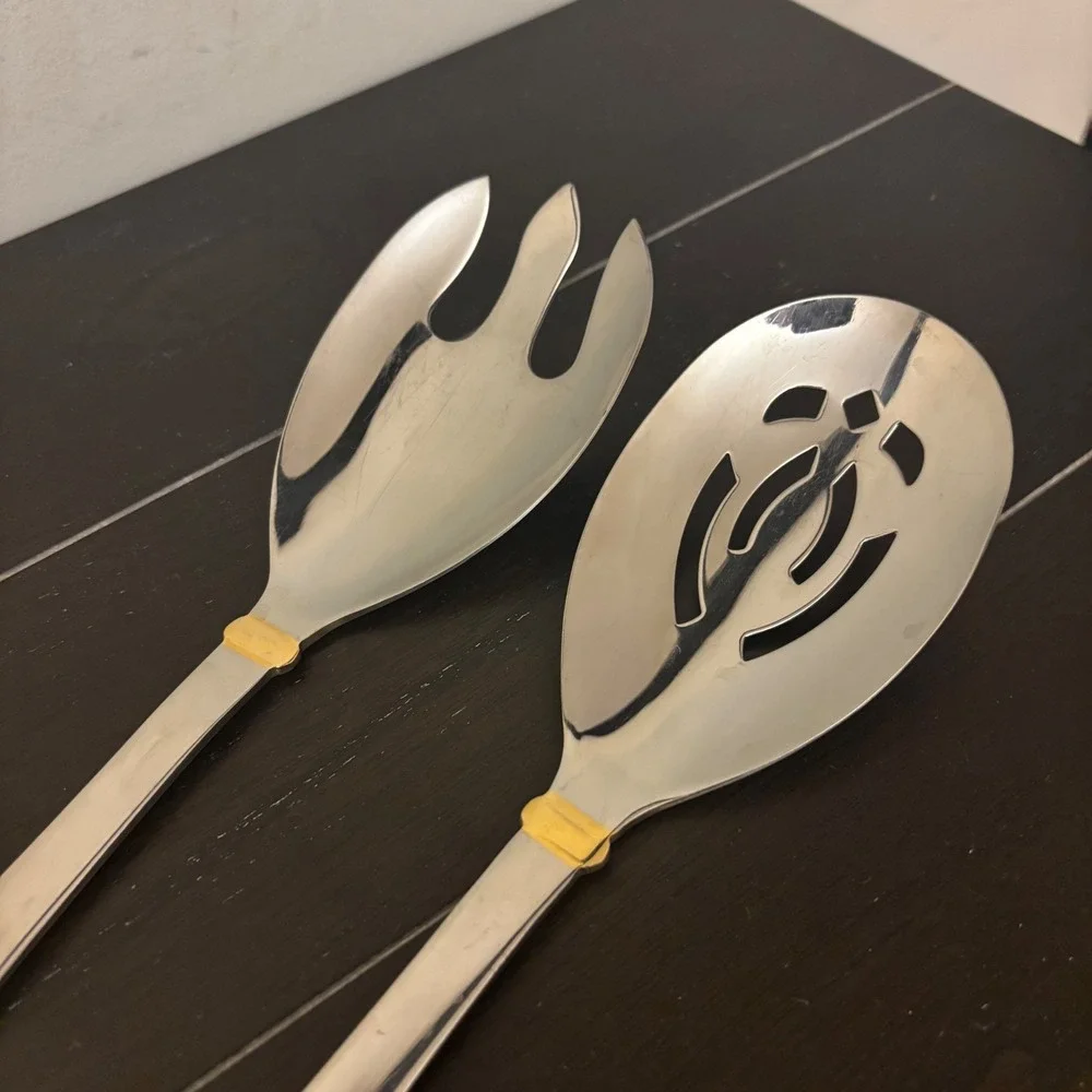 Stainless Steel Serving Set | Silver Gold Tone Accent‎ 11 Inch 2 Piece Set